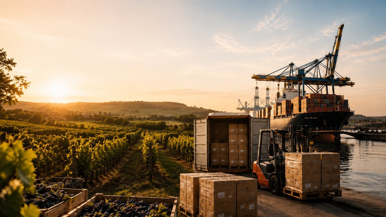 Wine vineyard connected to international container shipping and logistics.