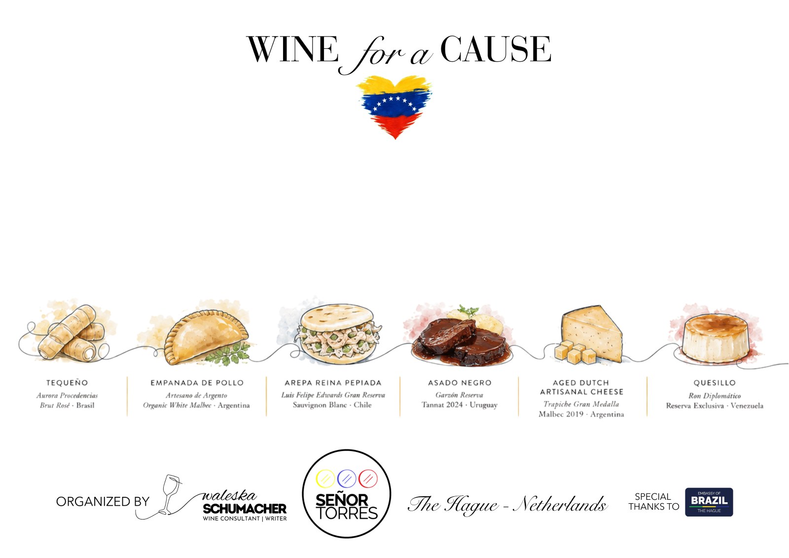 Wine for a Cause event graphic featuring South American food and wine pairings